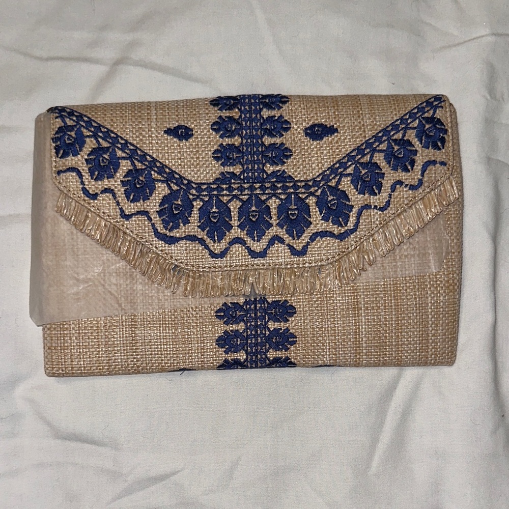 Stella & Dot Embroidered Indigo City Slim Clutch